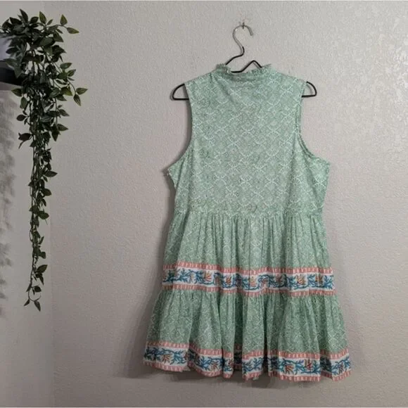 Oliphant Yoke Mini Dress Tiered A-Line Split V-Neck Ruffle Collar Green Boho XL - Picture 4 of 8